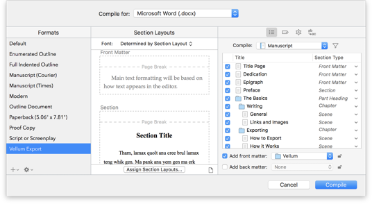 Compile Options in Scrivener, with Vellum Export Selected