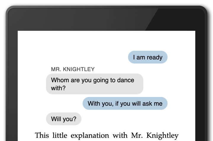 Text message bubbles shown within a book on an ebook reader